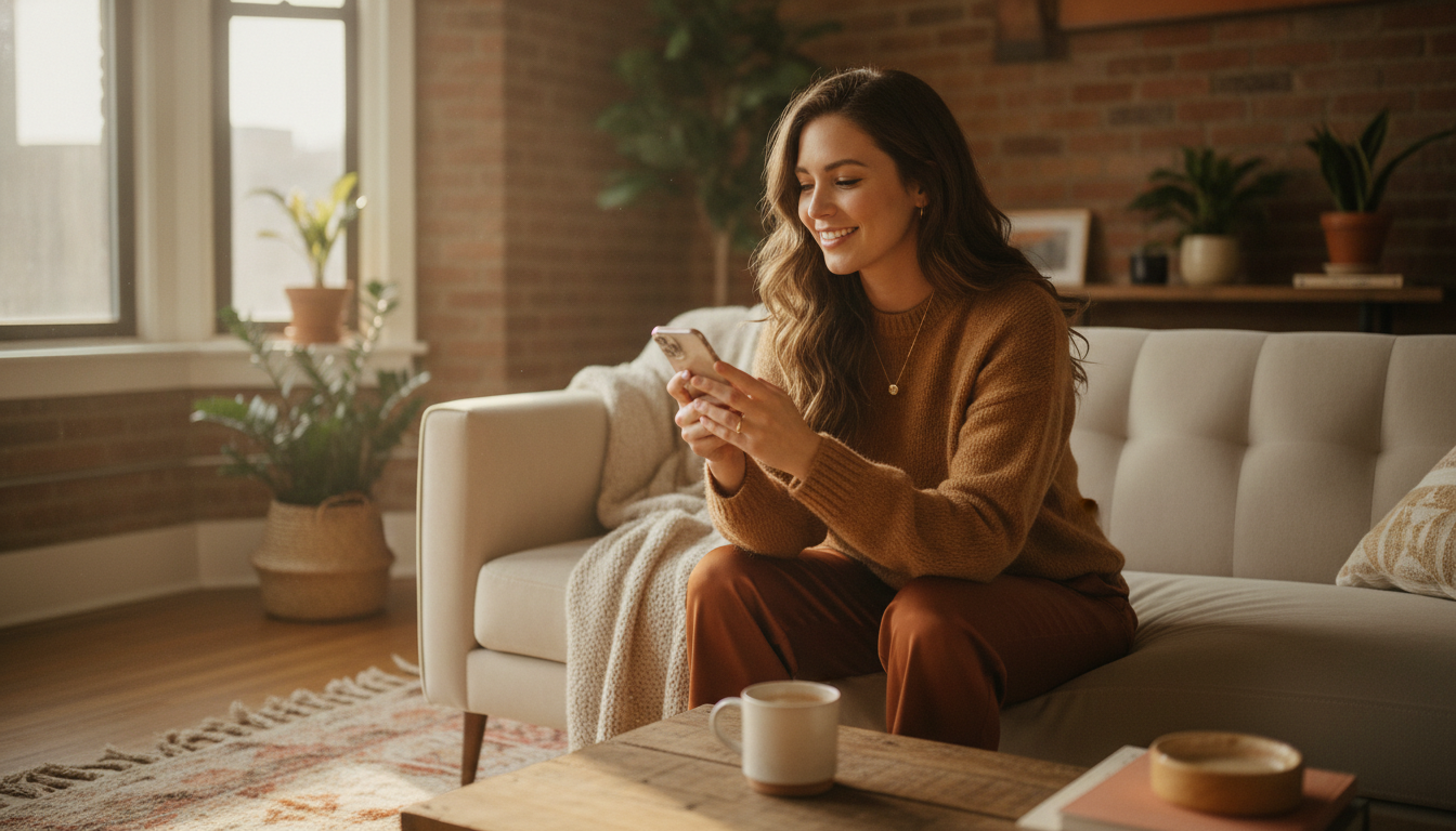 Elegante Frau lächelt beim Lesen einer charmanten Nachricht auf dem Smartphone