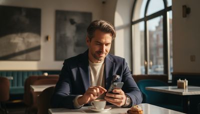 Mann überlegt lächelnd beim Tippen der ersten Nachricht an einem Café-Tisch